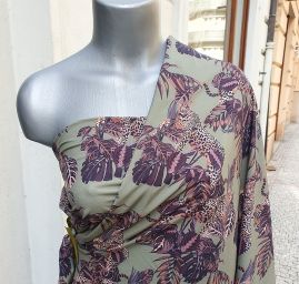 Krepdešín imitace hedvábí vzor listy/ocelot