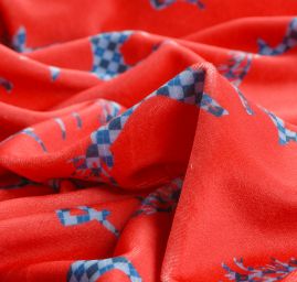 Samet pružný velur tisk jelínci červená/modrá